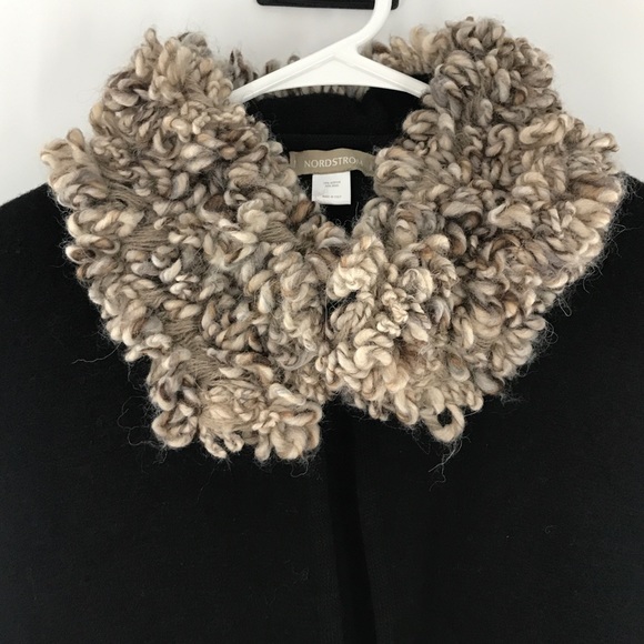 VTG Nordstrom Black Knit Cape Style Cardigan Contrasting Yarn Collar Shag Pocket - Picture 6 of 12